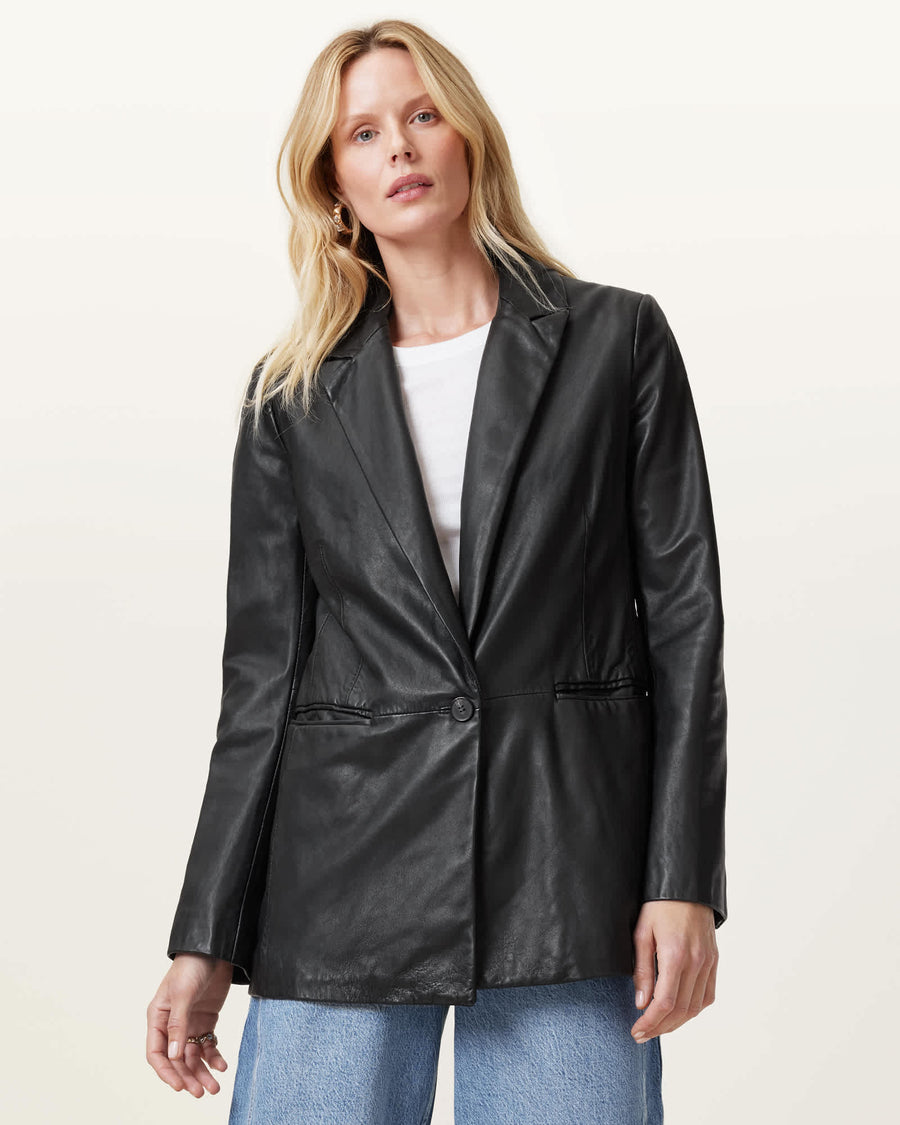 Deri Single Breasted Leather Blazer Black