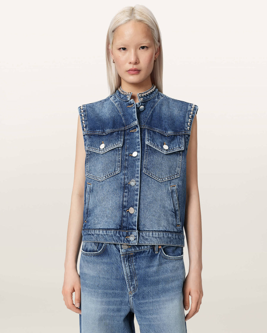 Mav Studded Denim Waistcoat Vintage Indigo