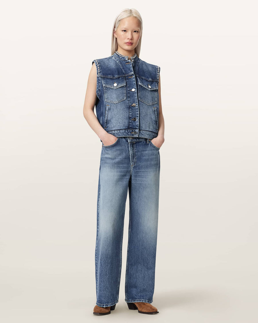Mav Studded Denim Waistcoat Vintage Indigo