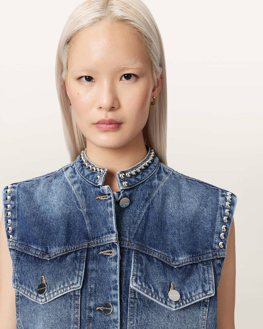 Mav Studded Denim Waistcoat Vintage Indigo