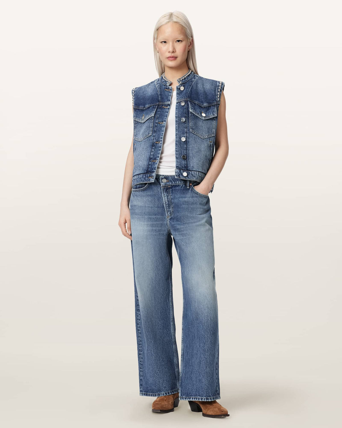Mav Studded Denim Waistcoat Vintage Indigo