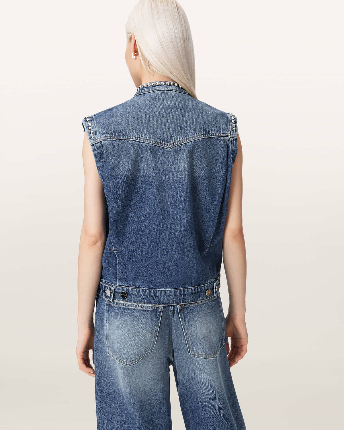 Mav Studded Denim Waistcoat Vintage Indigo
