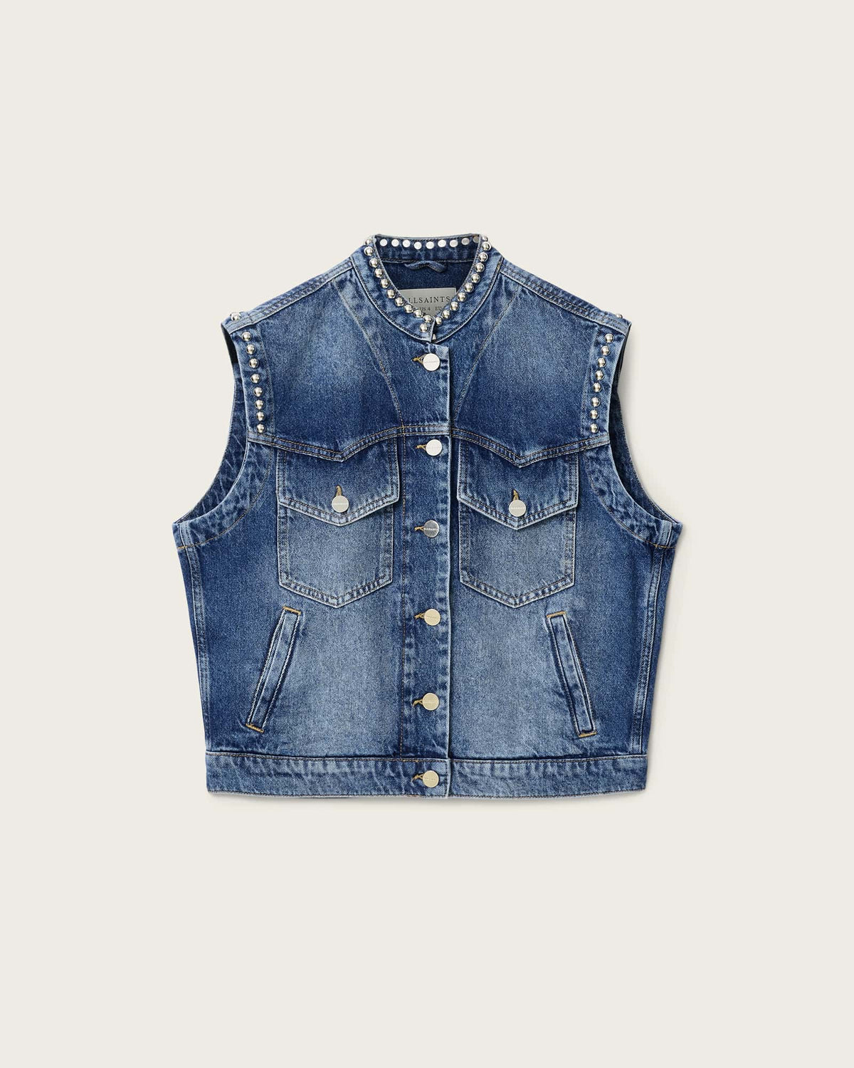 Mav Studded Denim Waistcoat Vintage Indigo