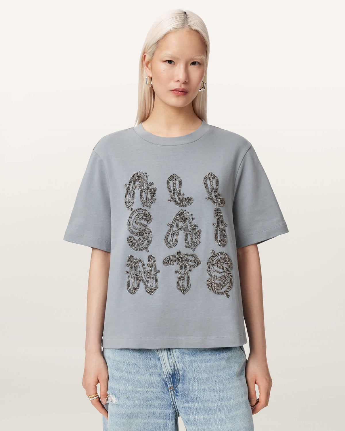 Ella Embroidered Lisa Boxy T-Shirt QUARRY BLUE