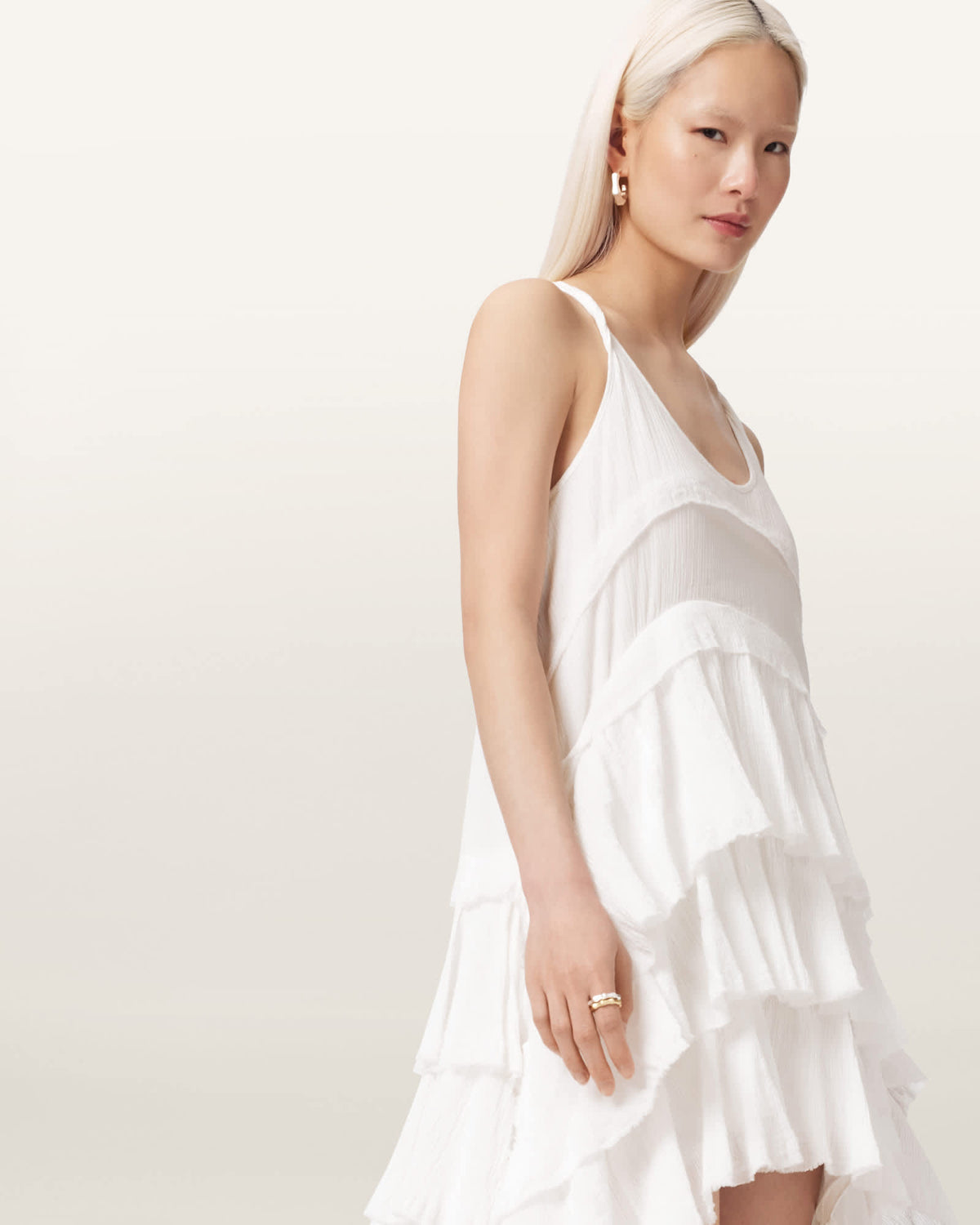 Cavarly Crepe Tiered Ruffle Maxi Dress White