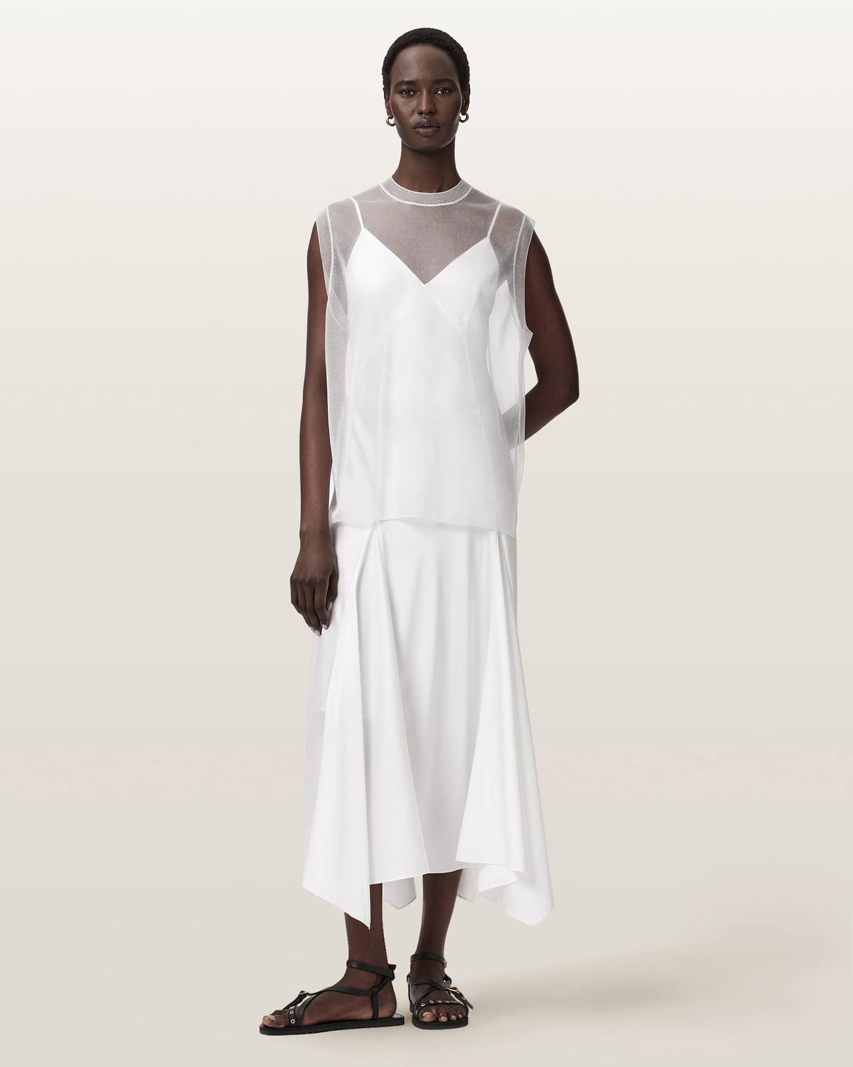 Ava Sleeveless Satin Midi Dress Chalk White