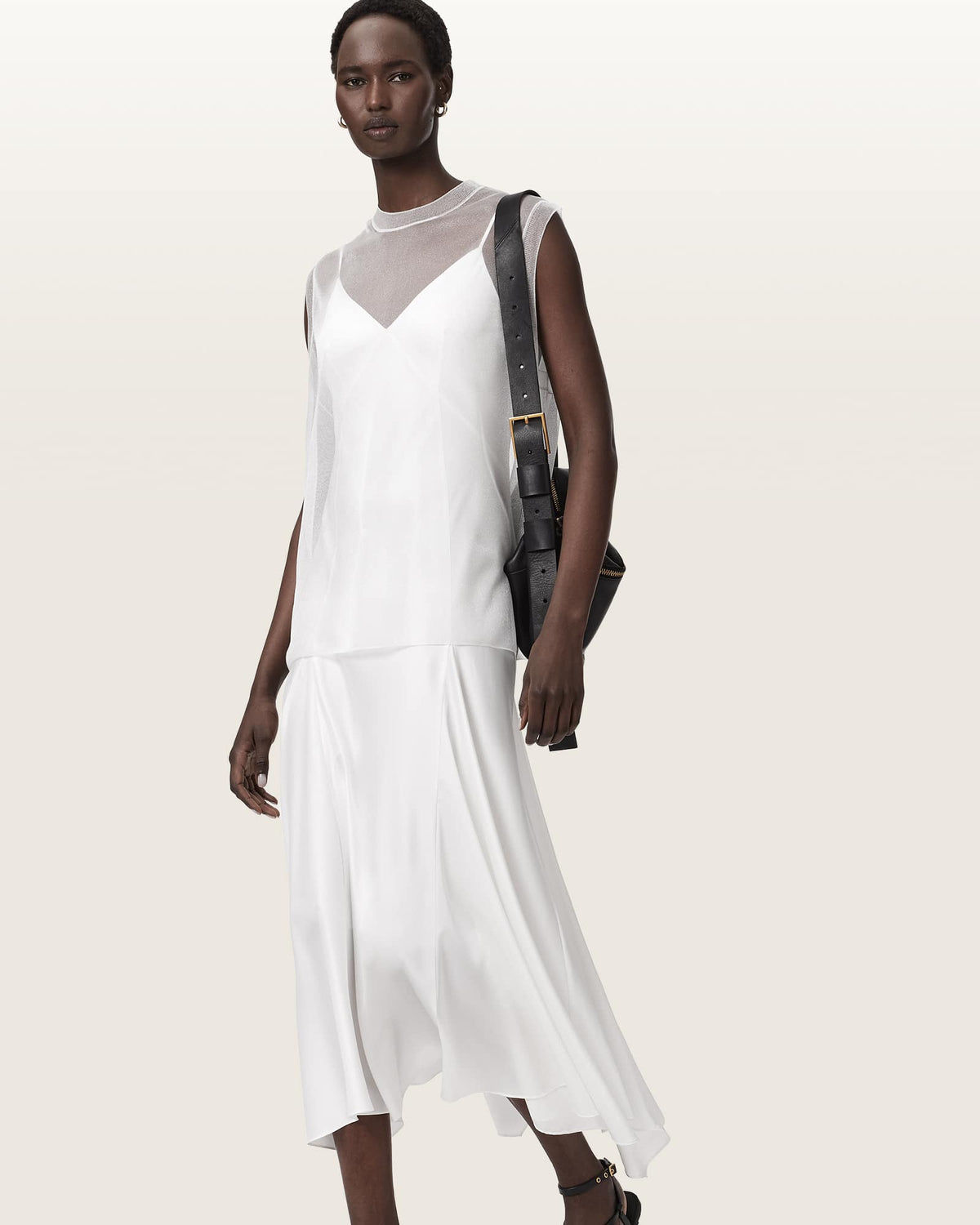Ava Sleeveless Satin Midi Dress Chalk White