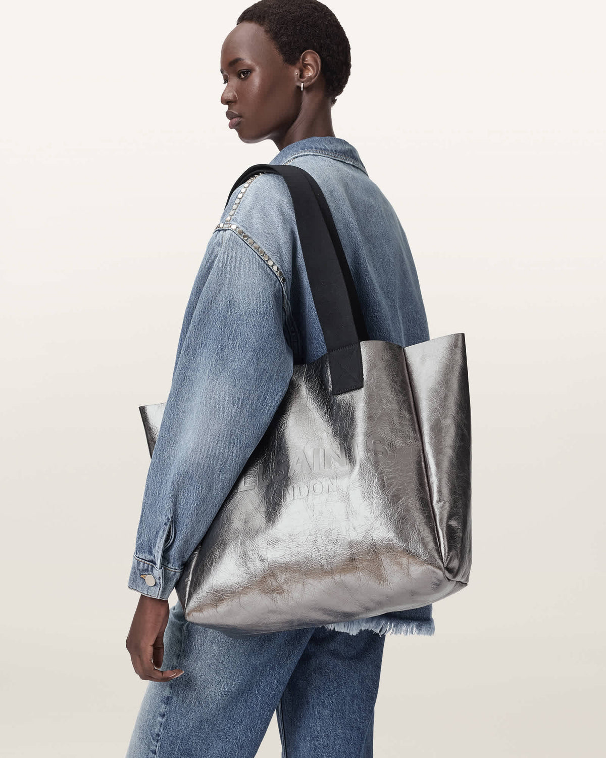 Izzy Metallic Leather Tote Bag Gunmetal