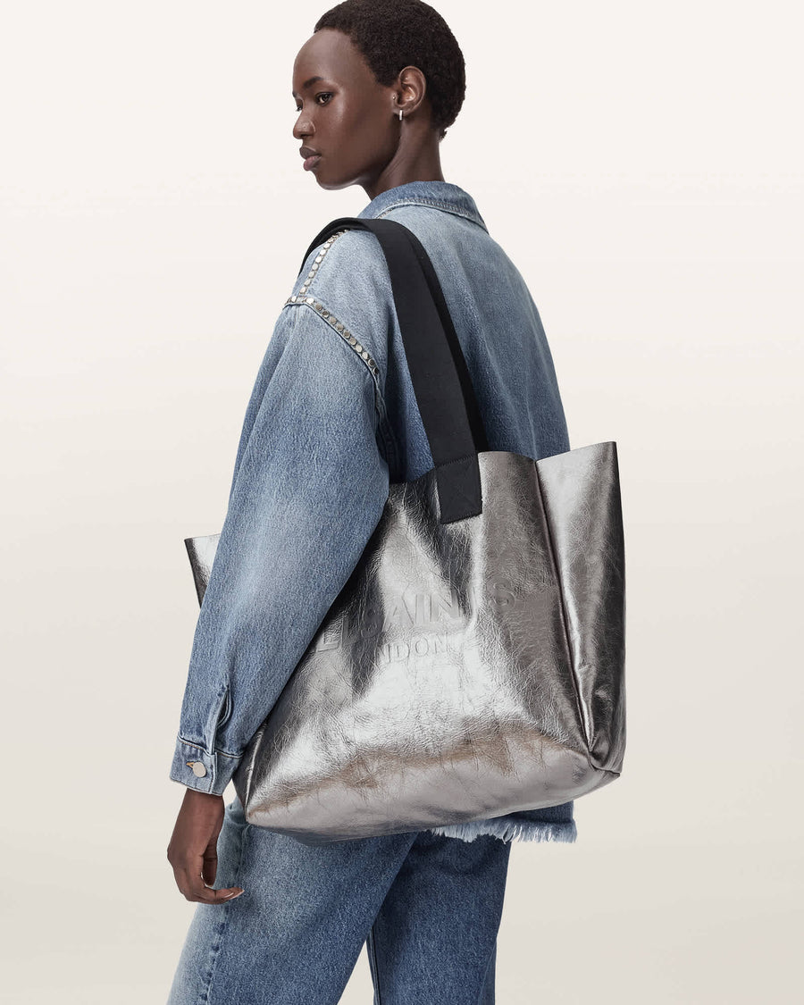 Izzy Metallic Leather Tote Bag Gunmetal