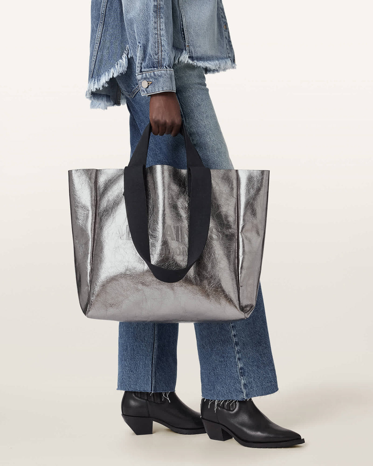 Izzy Metallic Leather Tote Bag Gunmetal