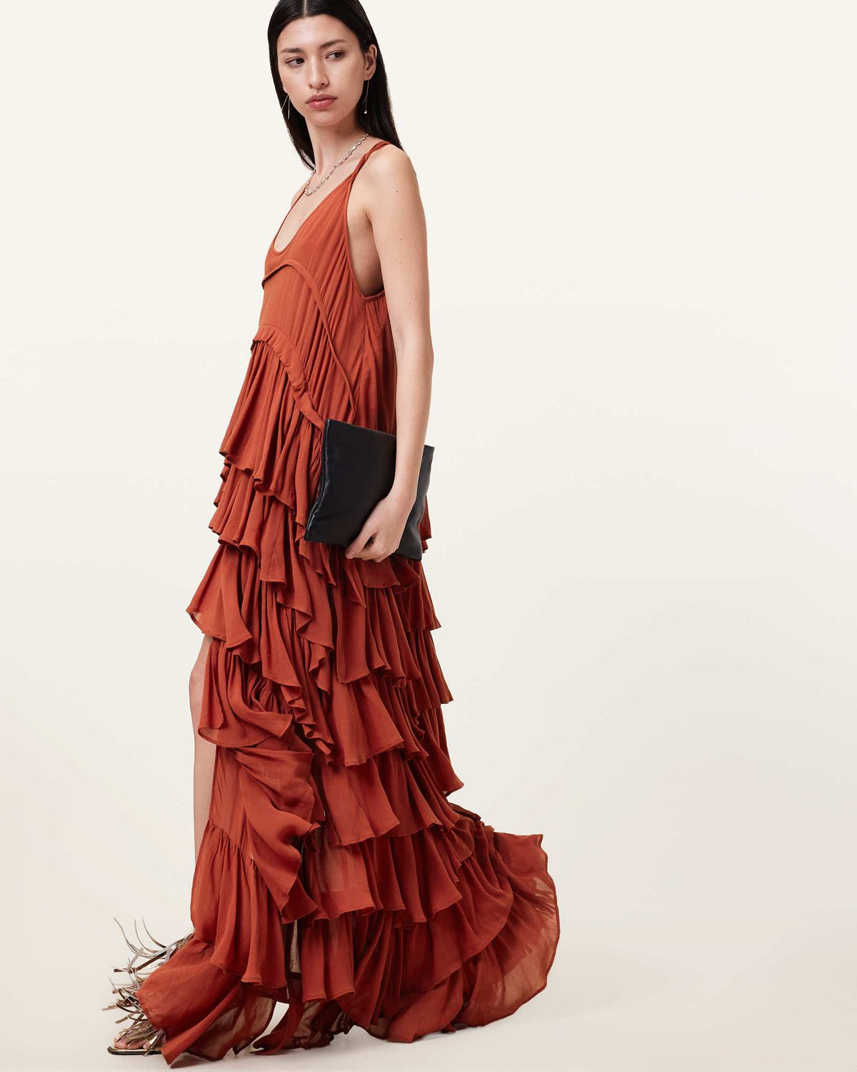 Cavarly Tiered Ruffle Maxi Dress BURNT BRICK RED