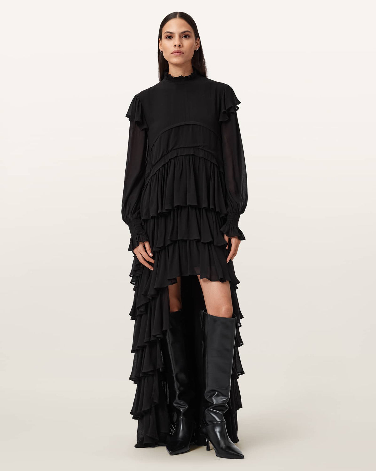Cavarly Tiered Ruffle Maxi Dress Black