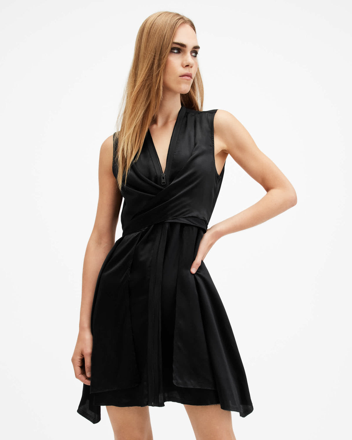 Jayda V-Neck Zip Front Mini Dress Black