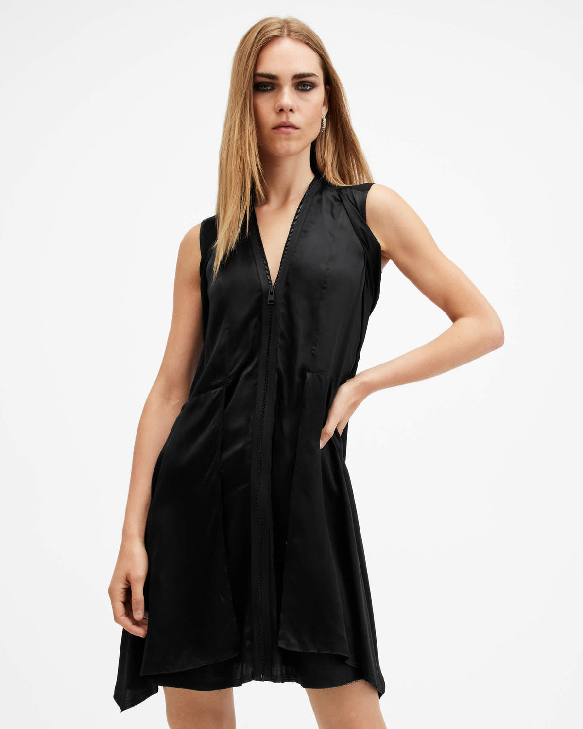 Jayda V-Neck Zip Front Mini Dress Black
