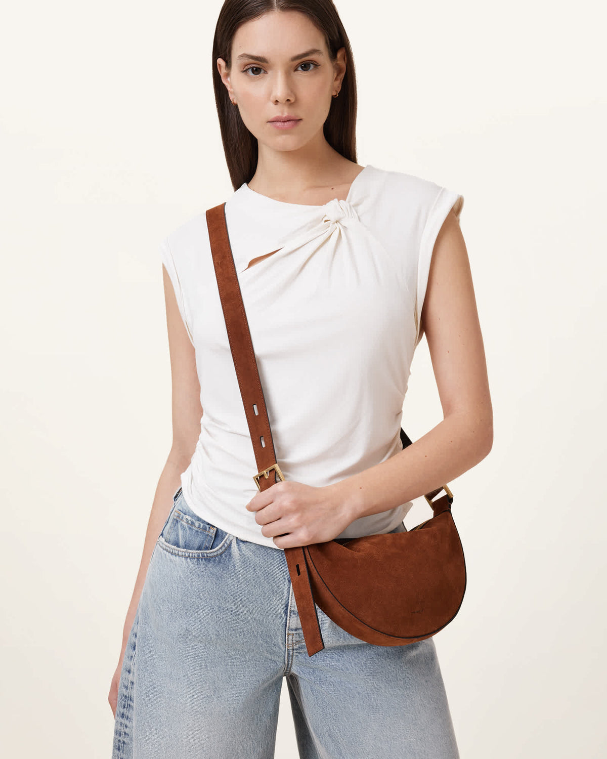 Half Moon Suede Crossbody Bag COGNAC BROWN