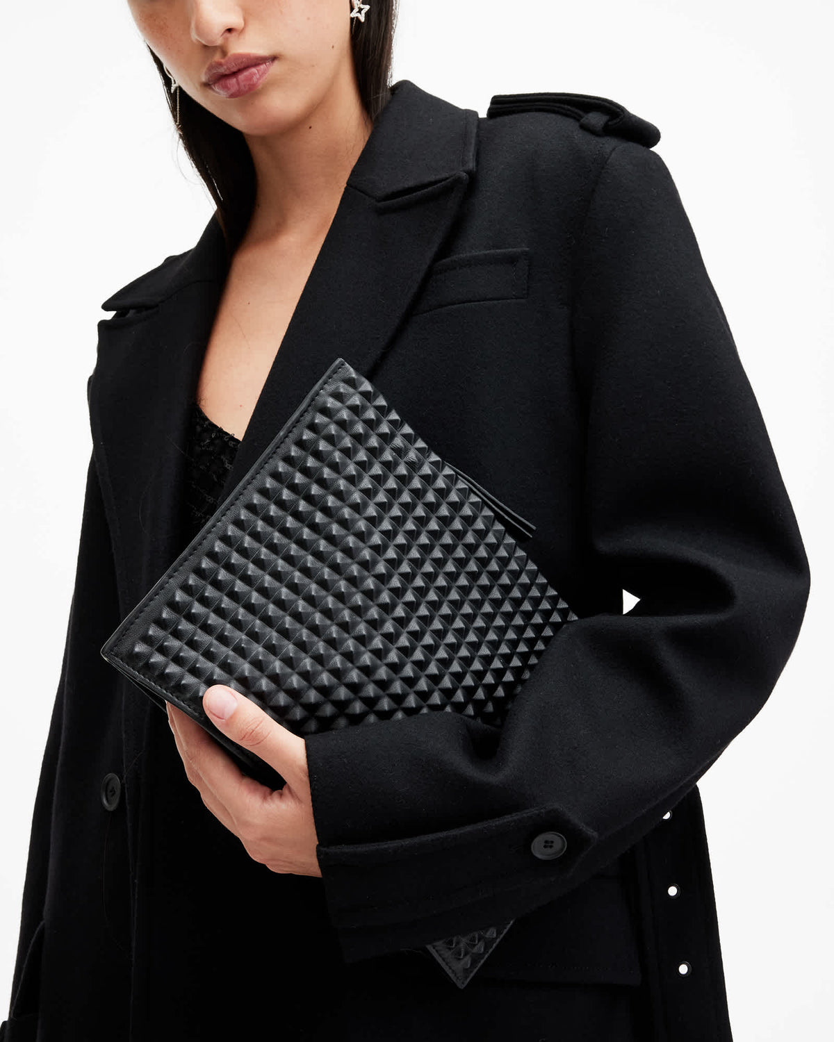 Bettina Studded Leather Clutch Bag Black