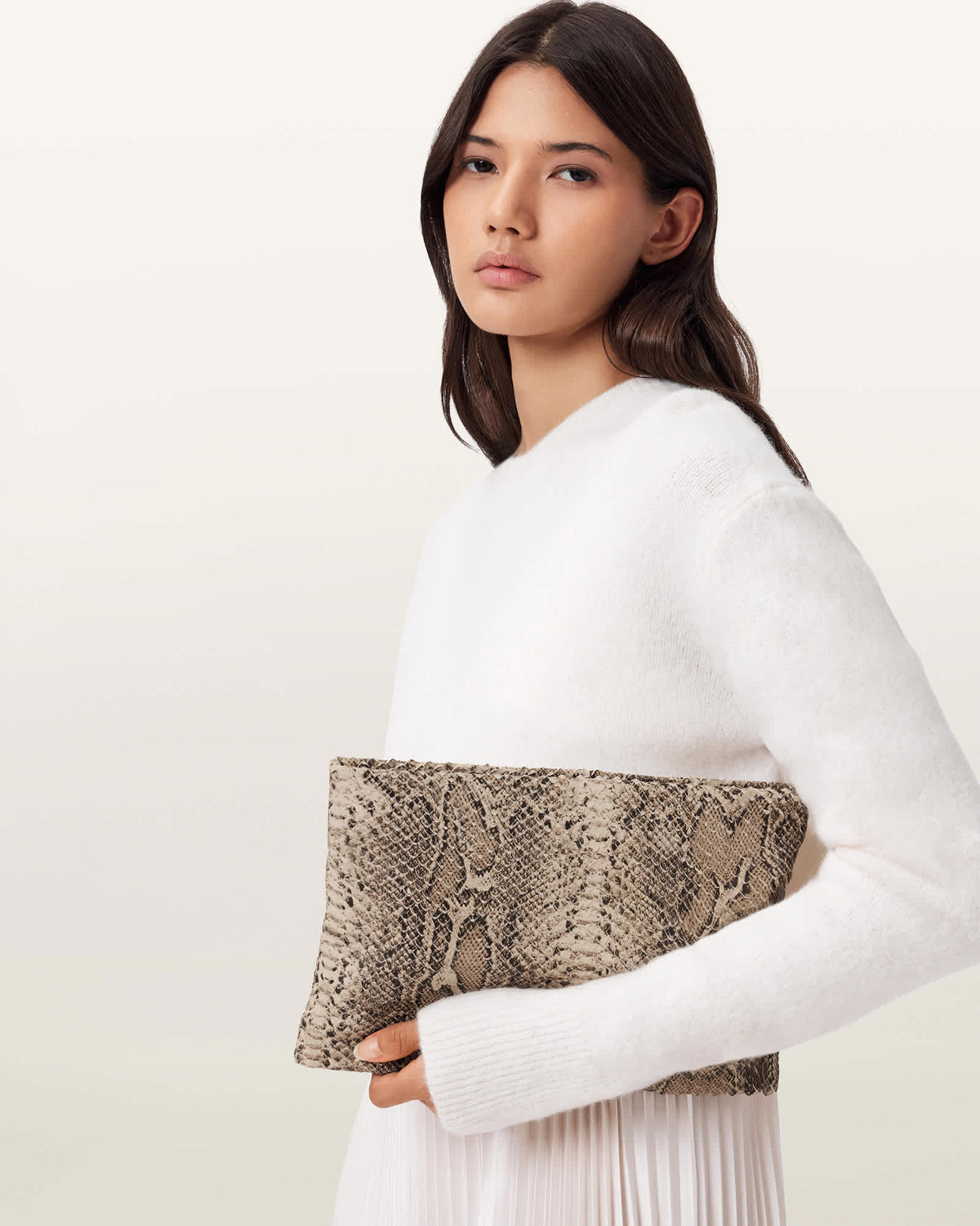 Bettina Leather Snake Clutch Bag DESERT WHITE
