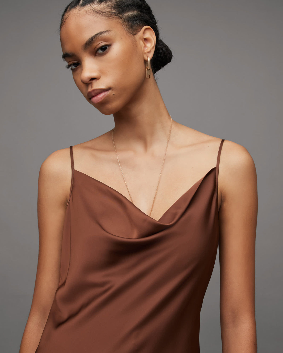 Hadley Cowl Neck Midi Slip Dress WARM CACAO BROWN
