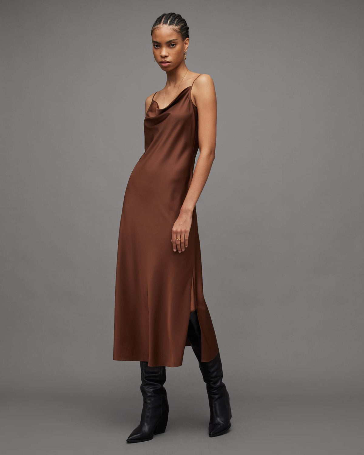Hadley Cowl Neck Midi Slip Dress WARM CACAO BROWN