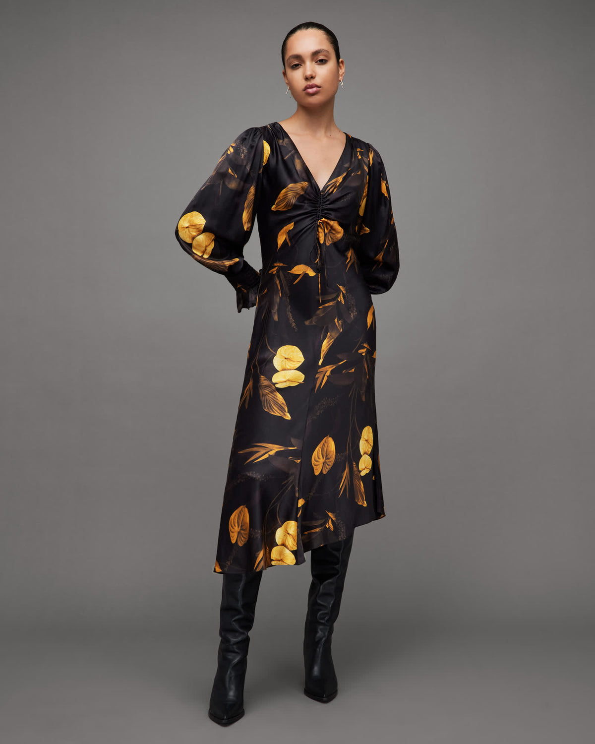 Naomi Silk Blend Aretha Print Midi Dress Black