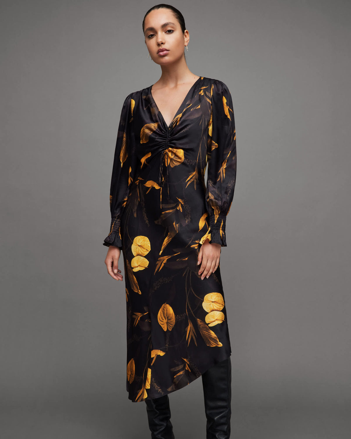 Naomi Silk Blend Aretha Print Midi Dress Black