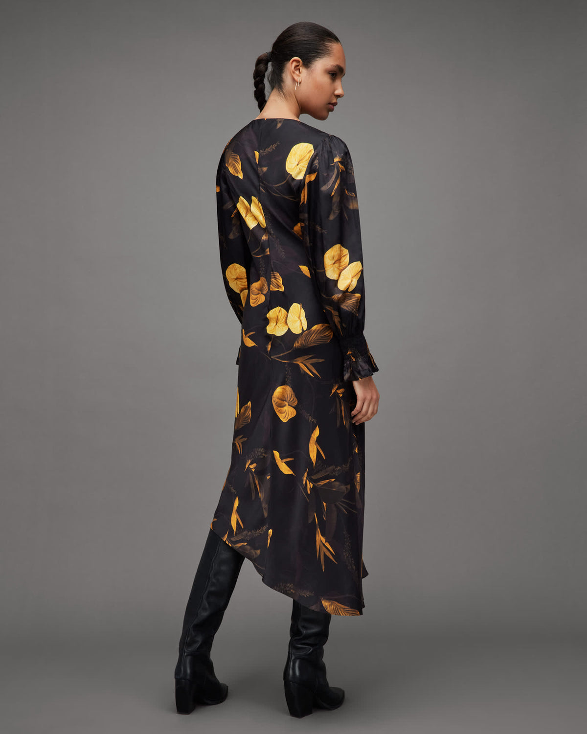 Naomi Silk Blend Aretha Print Midi Dress Black