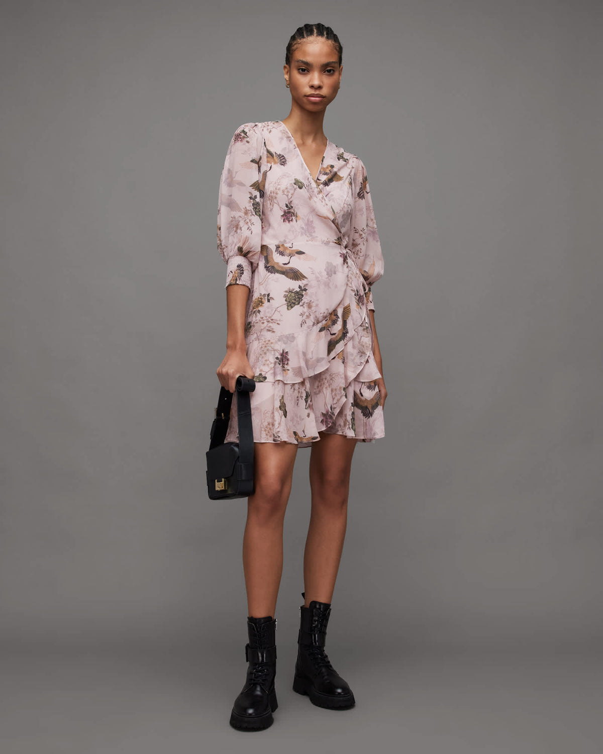 Ari Peggy Floral Print Mini Wrap Dress Dusty Pink