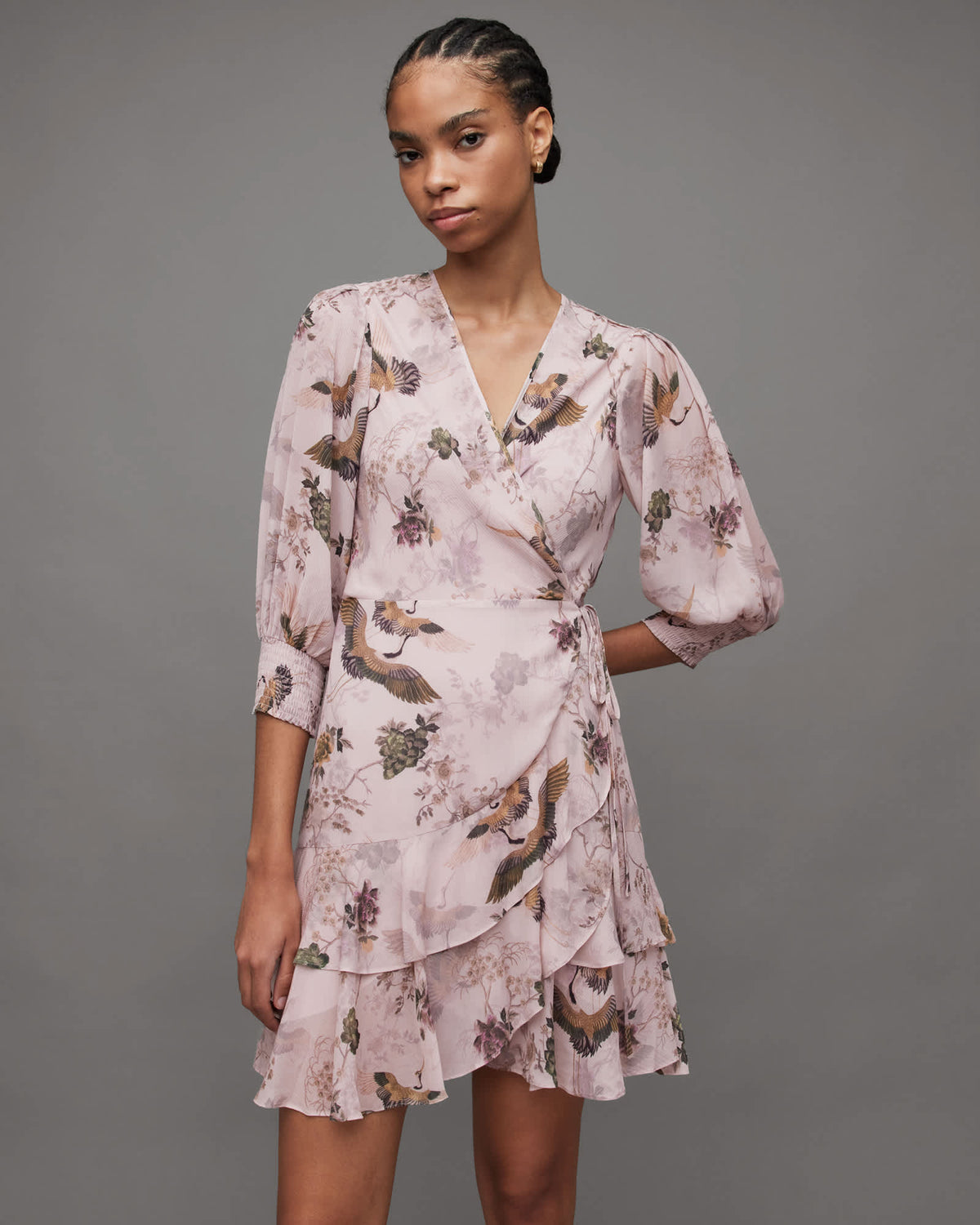 Ari Peggy Floral Print Mini Wrap Dress Dusty Pink