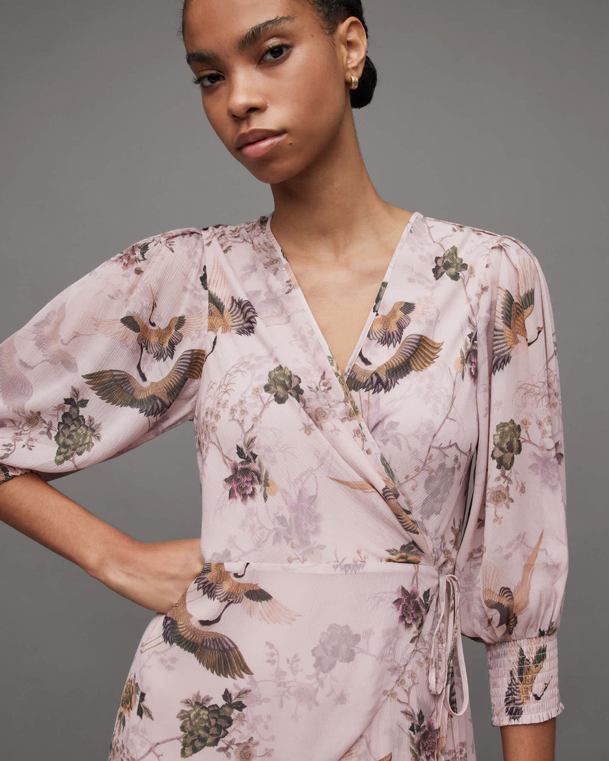 Ari Peggy Floral Print Mini Wrap Dress Dusty Pink