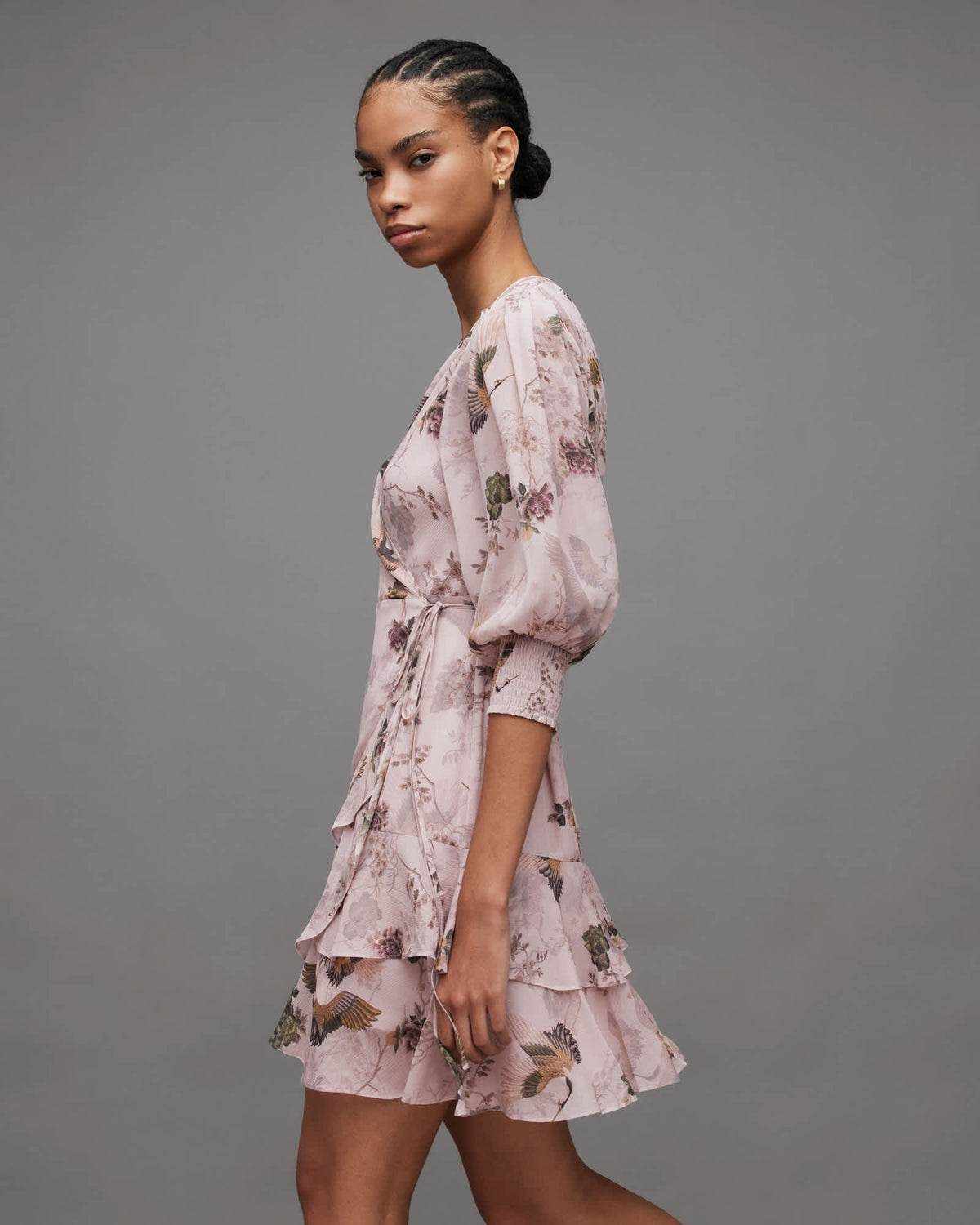Ari Peggy Floral Print Mini Wrap Dress Dusty Pink