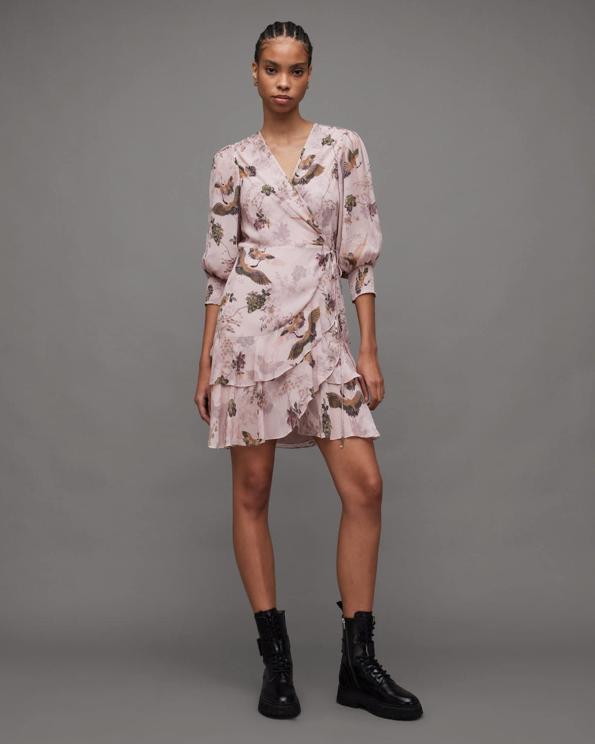 Ari Peggy Floral Print Mini Wrap Dress Dusty Pink