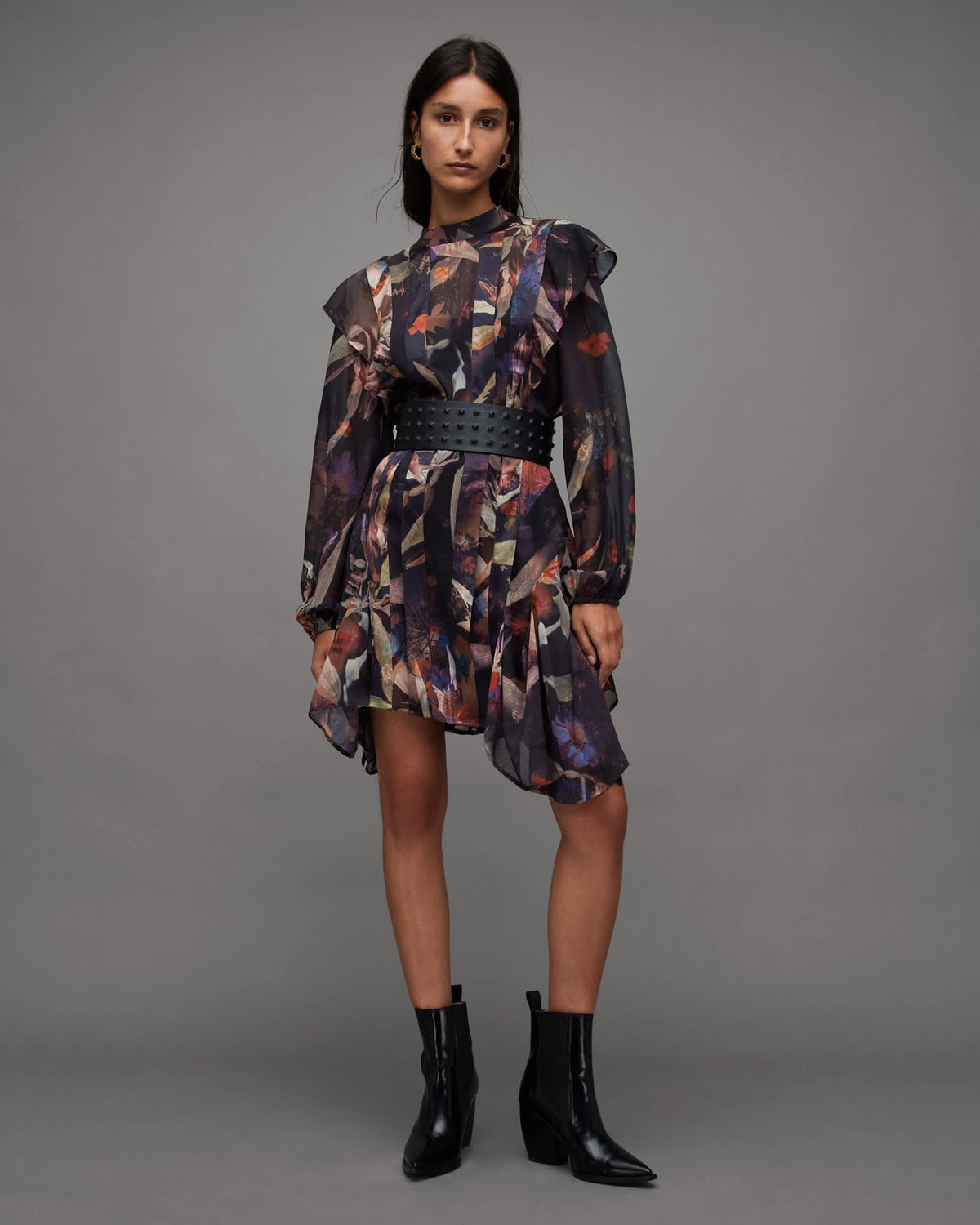 Fleur Long Sleeve Floral Tippi Mini Dress RUST BROWN