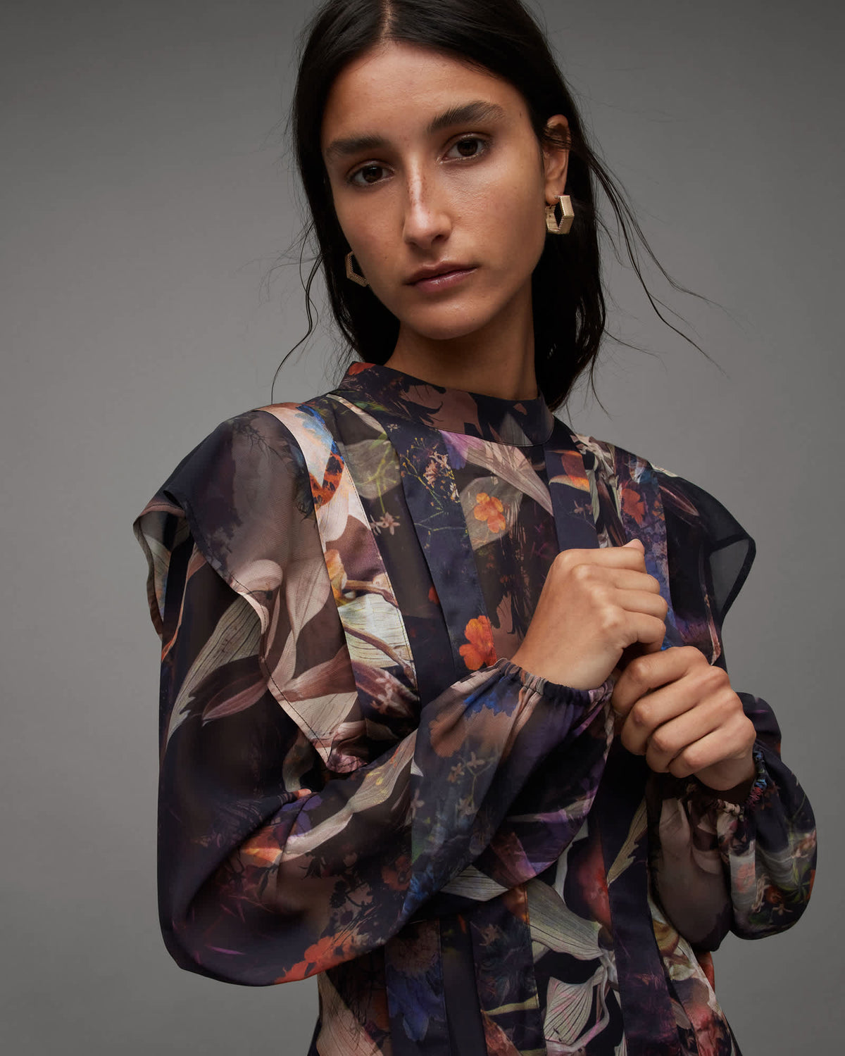 Fleur Long Sleeve Floral Tippi Mini Dress RUST BROWN