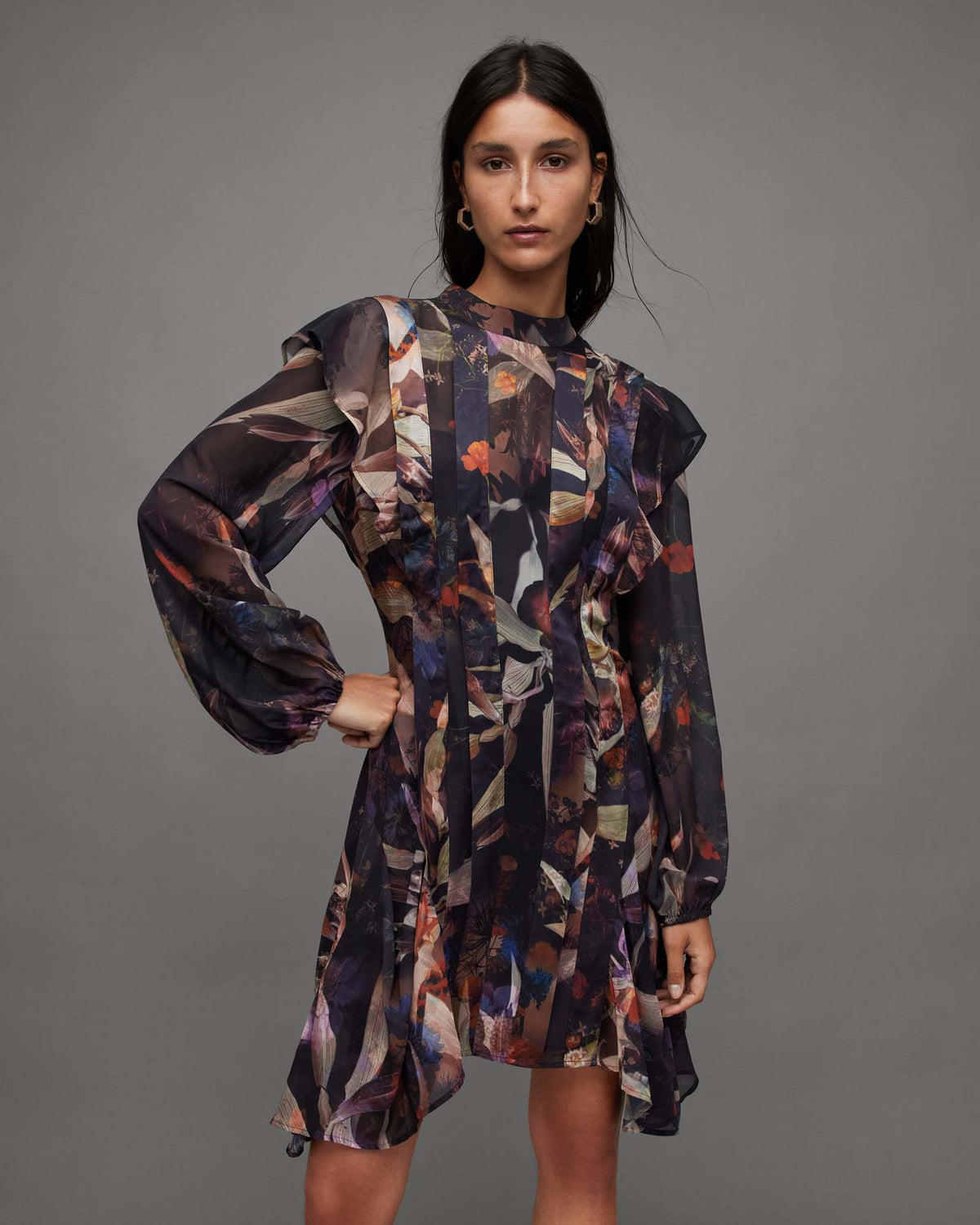 Fleur Long Sleeve Floral Tippi Mini Dress RUST BROWN