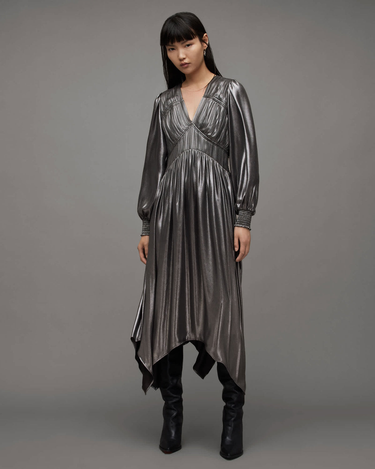 Estelle Metallic Asymmetric Midi Dress Gunmetal Grey