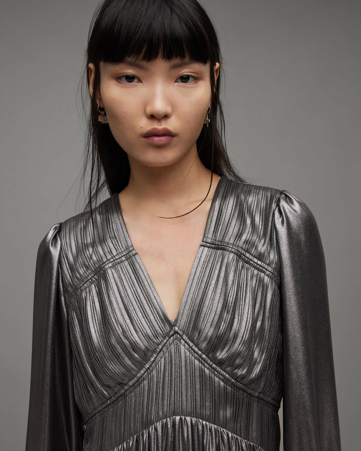 Estelle Metallic Asymmetric Midi Dress Gunmetal Grey
