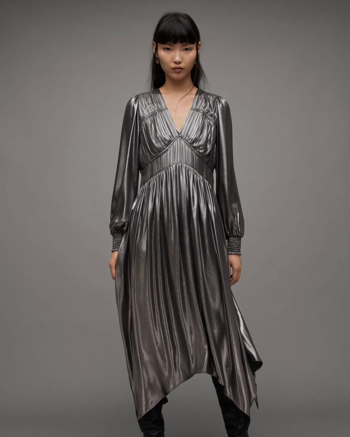 Estelle Metallic Asymmetric Midi Dress Gunmetal Grey