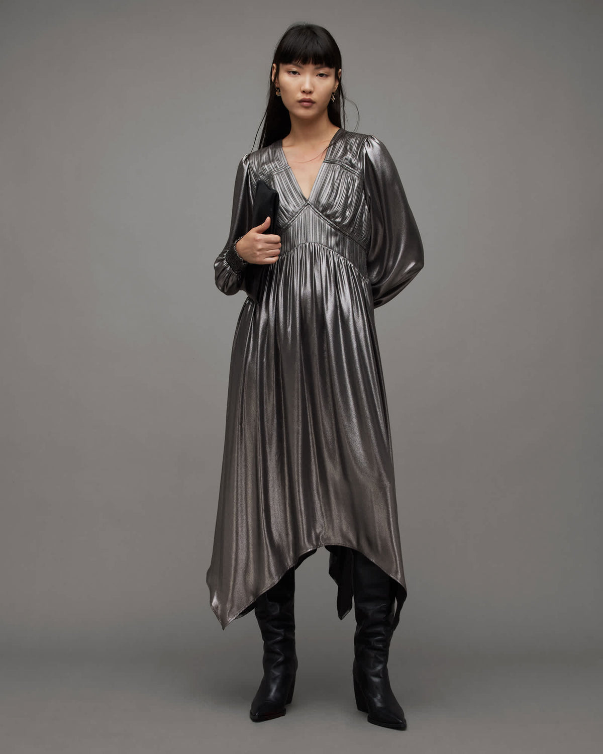 Estelle Metallic Asymmetric Midi Dress Gunmetal Grey