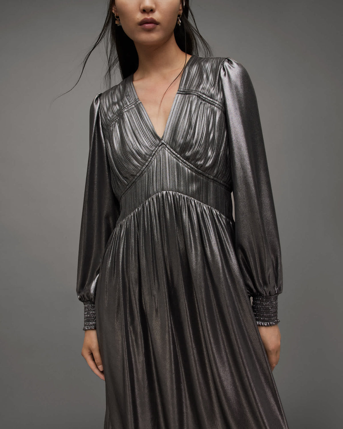 Estelle Metallic Asymmetric Midi Dress Gunmetal Grey