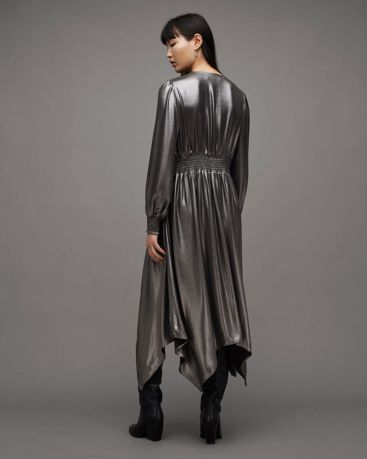 Estelle Metallic Asymmetric Midi Dress Gunmetal Grey