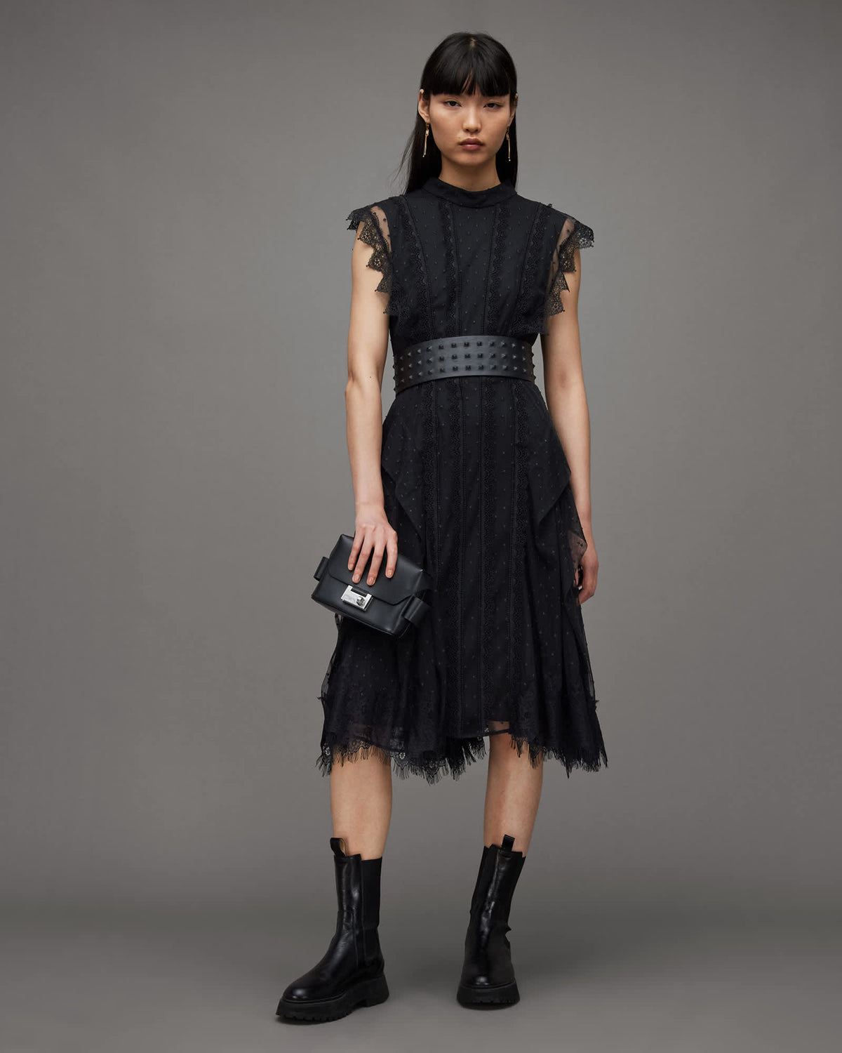 Freya Lace Asymmetric Hem Midi Dress Black
