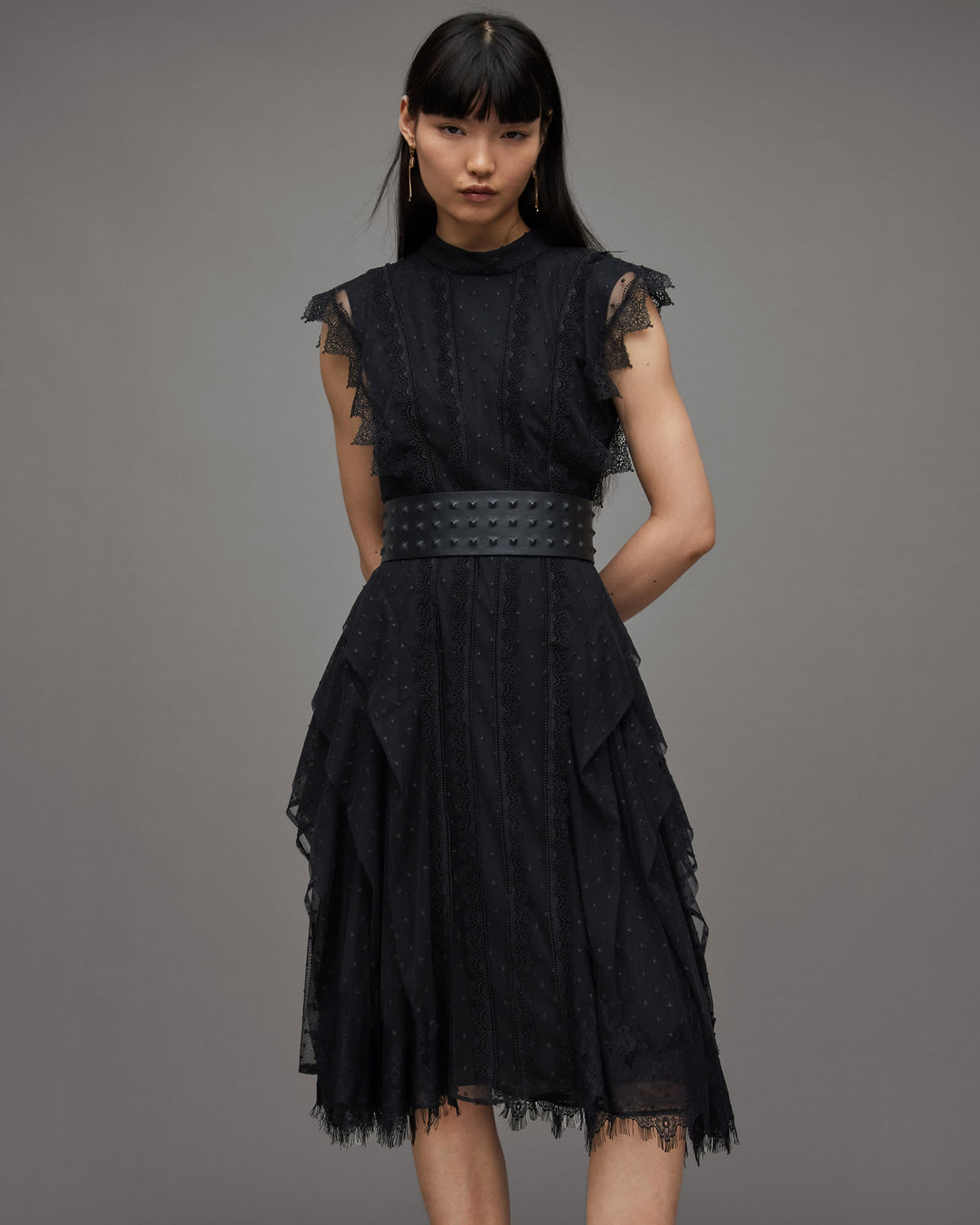 Freya Lace Asymmetric Hem Midi Dress Black