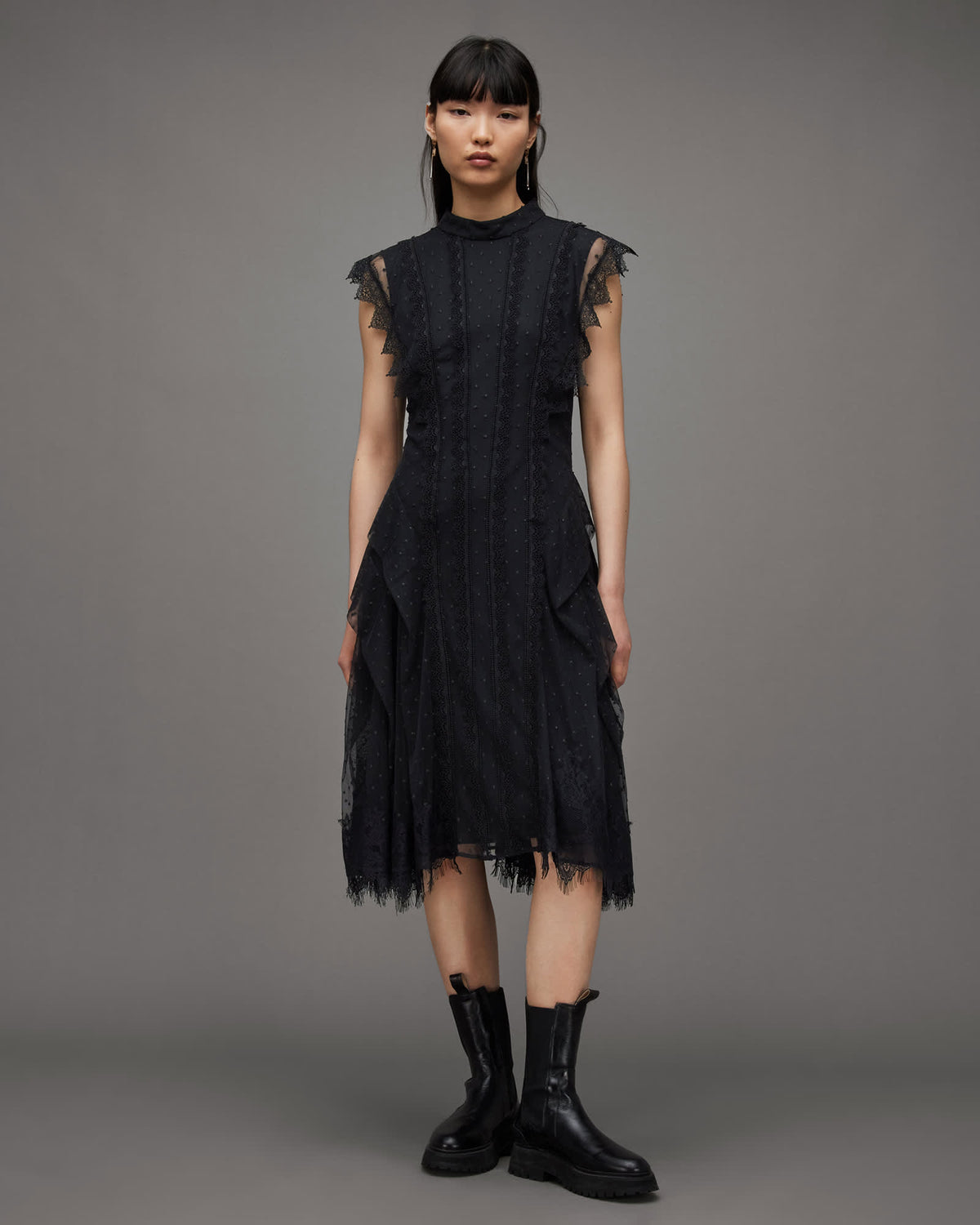 Freya Lace Asymmetric Hem Midi Dress Black