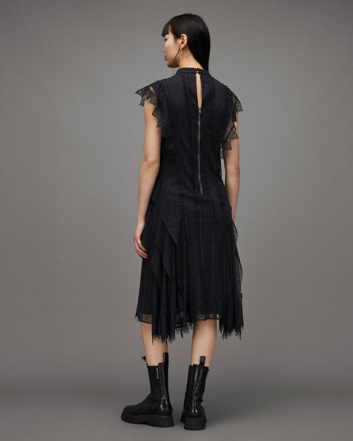 Freya Lace Asymmetric Hem Midi Dress Black