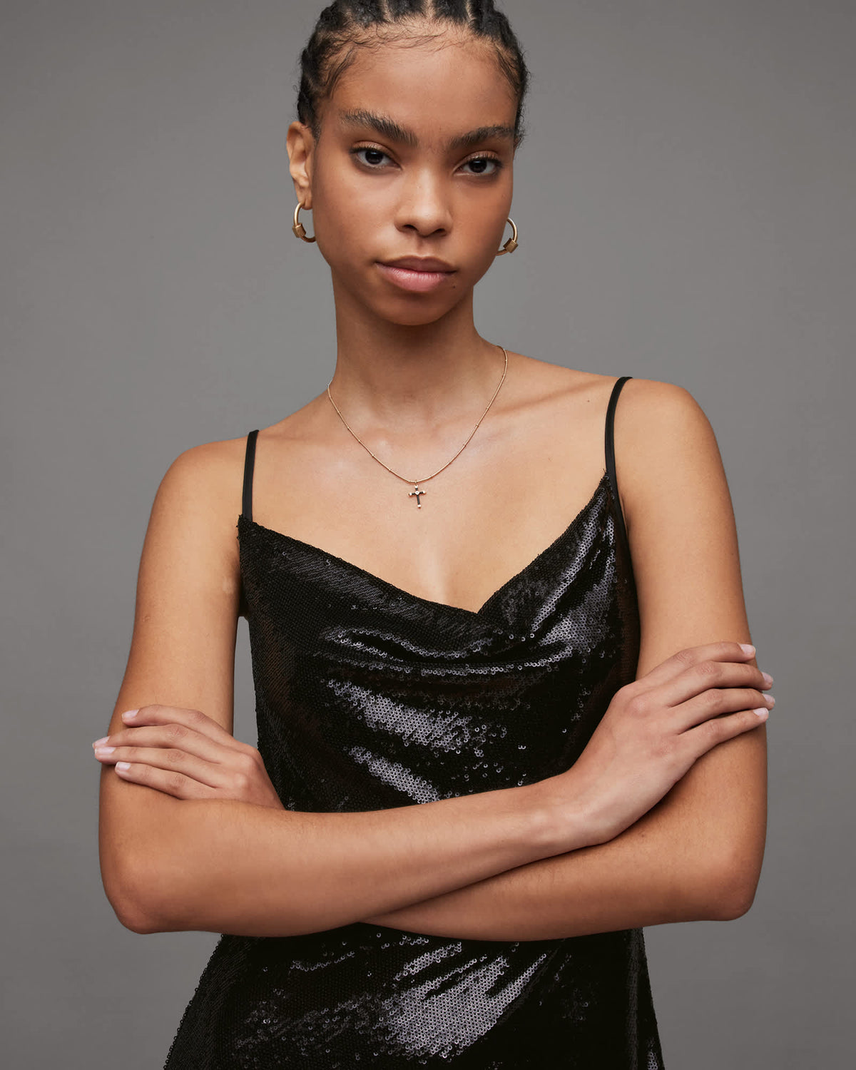 Haddi Cowl Neck Sequin Mini Slip Dress Black
