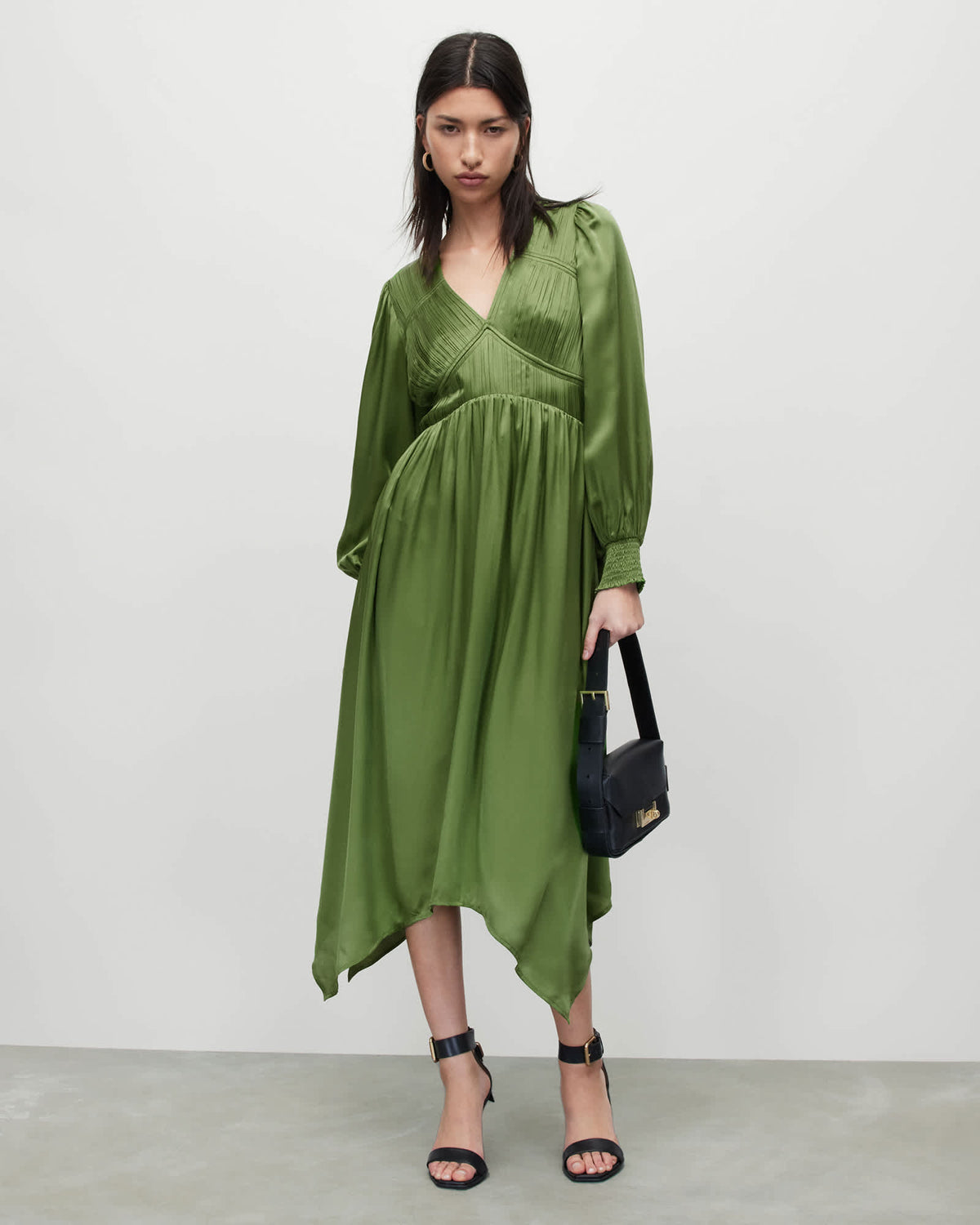 Estelle Silk Blend Asymmetric Midi Dress CACTUS GREEN