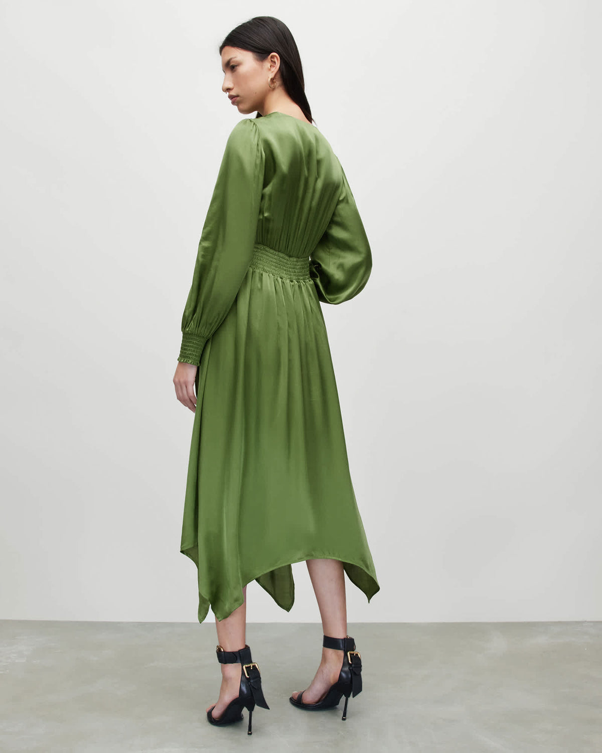 Estelle Silk Blend Asymmetric Midi Dress CACTUS GREEN