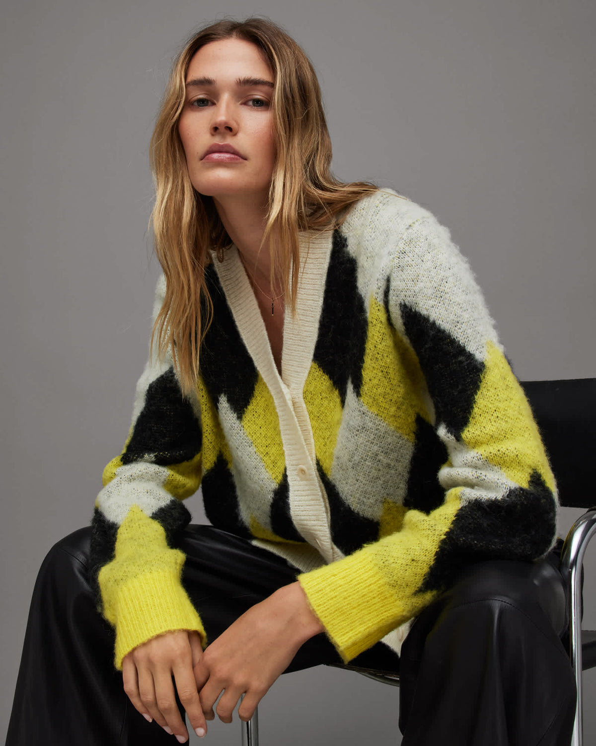 Hove Jacquard Print Wool Blend Cardigan WHITE/YELLOW/BLACK
