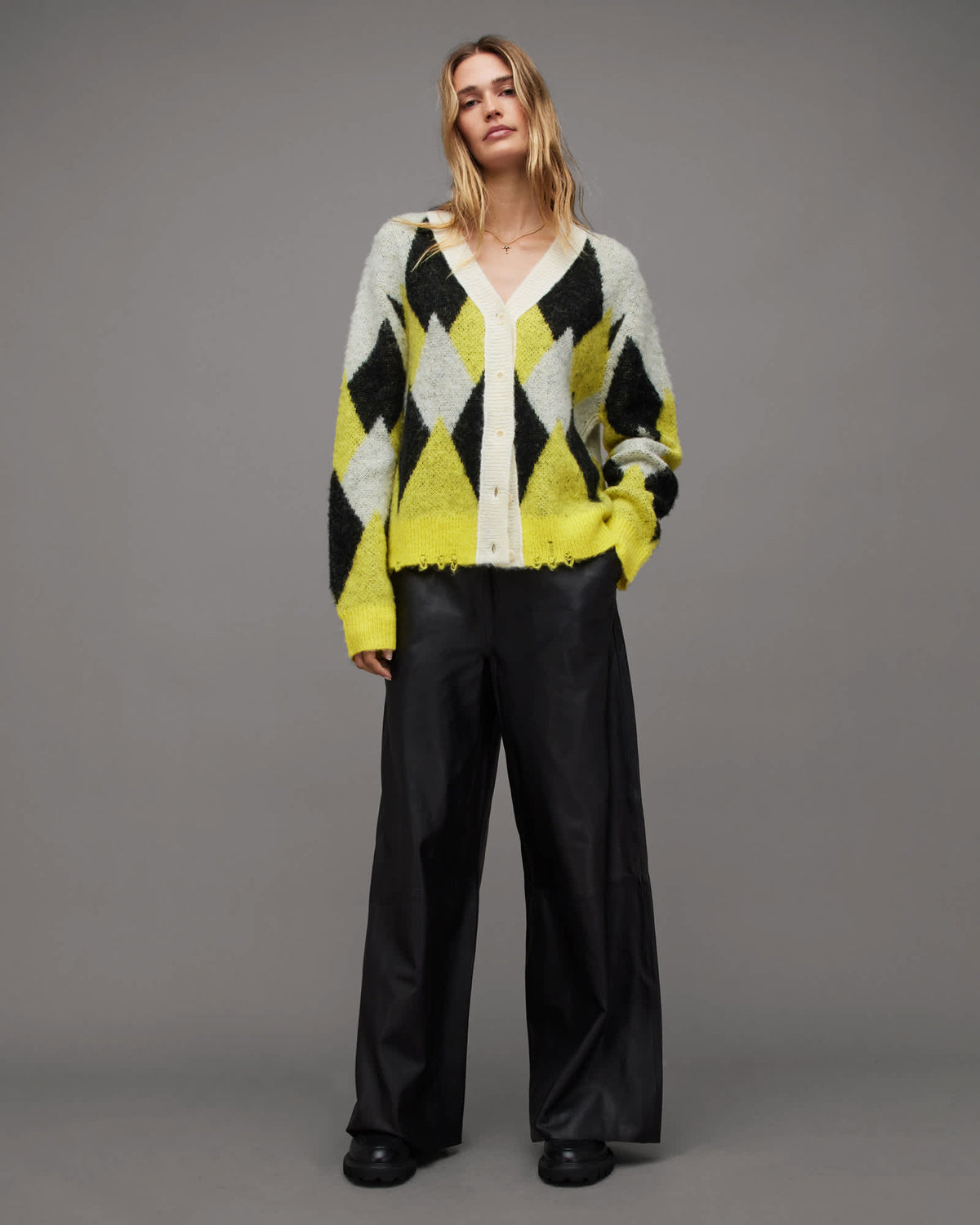 Hove Jacquard Print Wool Blend Cardigan WHITE/YELLOW/BLACK