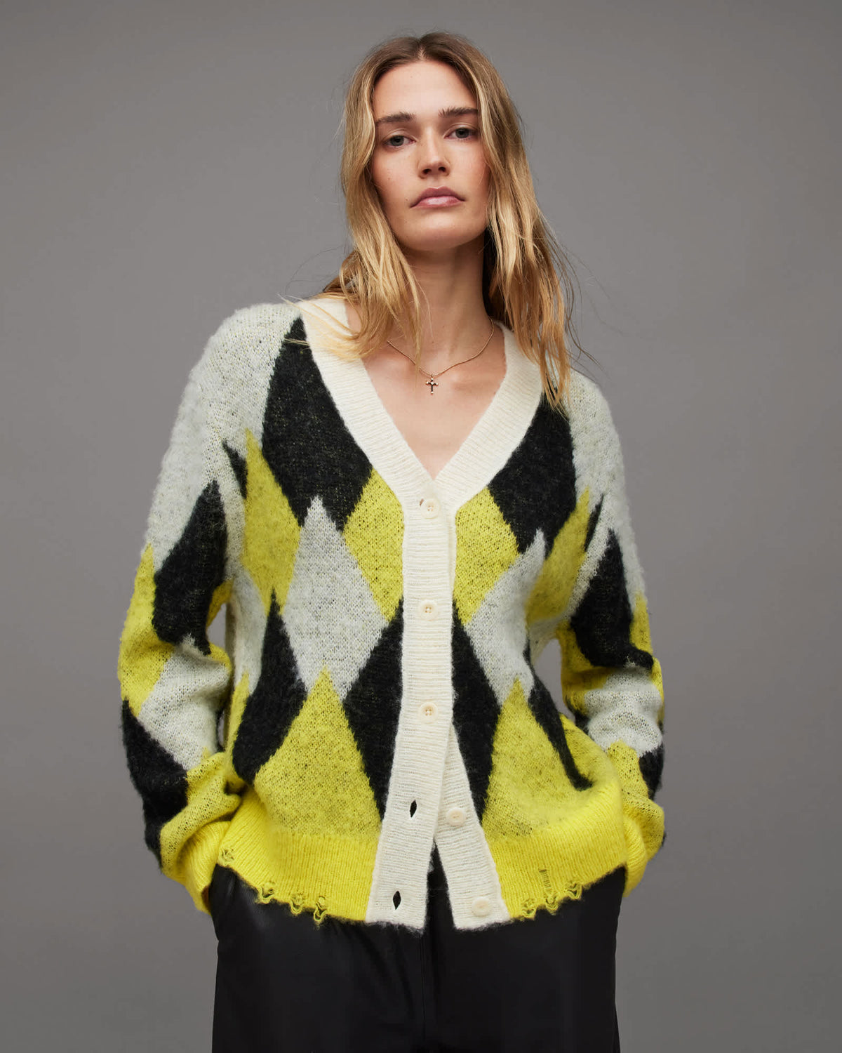 Hove Jacquard Print Wool Blend Cardigan WHITE/YELLOW/BLACK